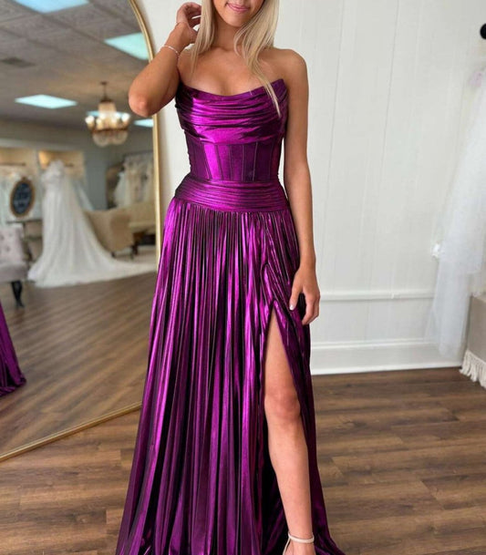 A-line Strapless Pleated Metallic Long Prom Dresses with Slit