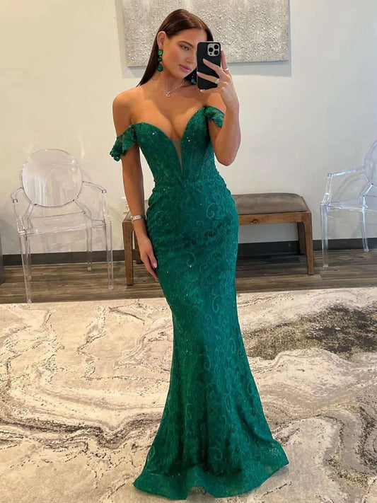 Mermaid Emerald Off the Shoulder Lace Long Prom Dresses