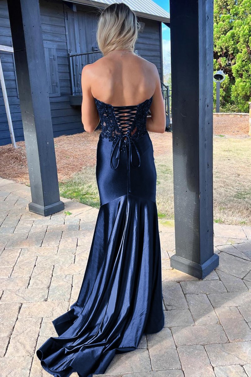 Mermaid Sweetheart Lace Satin Prom Dresses with Slit