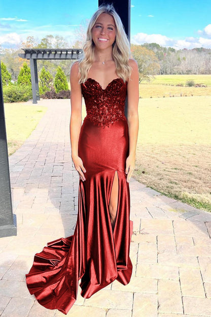 Mermaid Sweetheart Lace Satin Prom Dresses with Slit