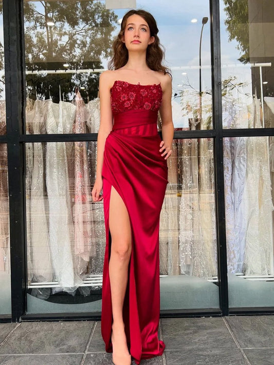 Strapless Satin Mermaid Prom Dresses with Appliques