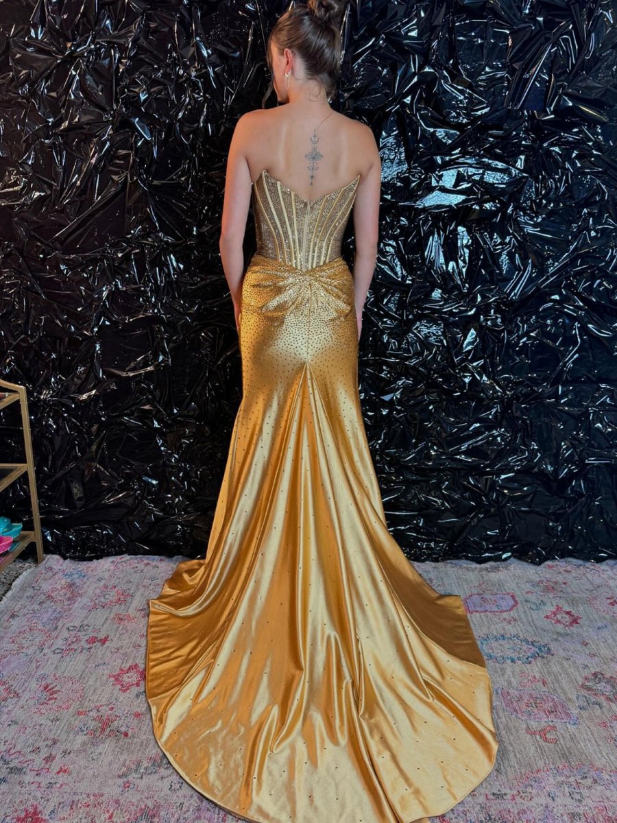 Mermaid Gold Satin Corset Long Prom Dresses with Slit