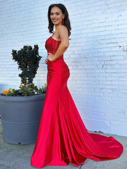 Mermaid Gold Satin Corset Long Prom Dresses with Slit