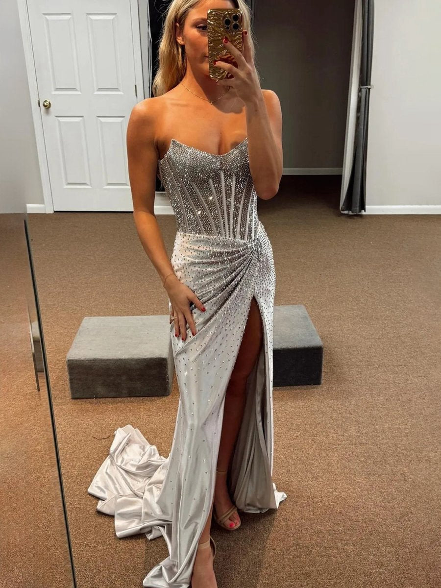 Mermaid Gold Satin Corset Long Prom Dresses with Slit