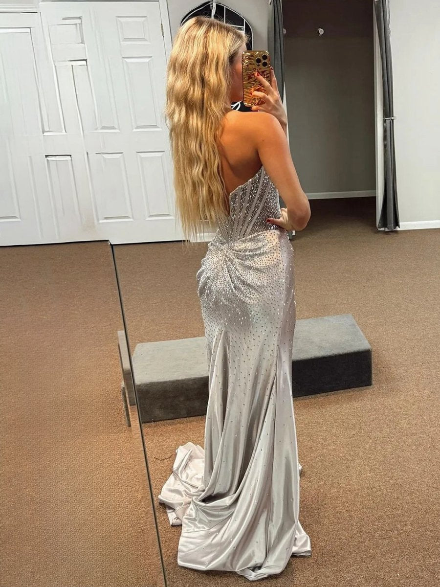 Mermaid Gold Satin Corset Long Prom Dresses with Slit