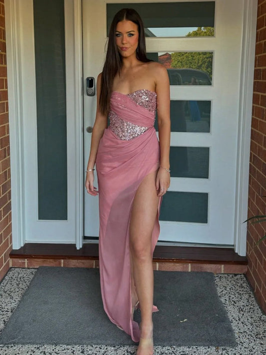 Strapless Sequin Mermaid Prom Dresses with Split
