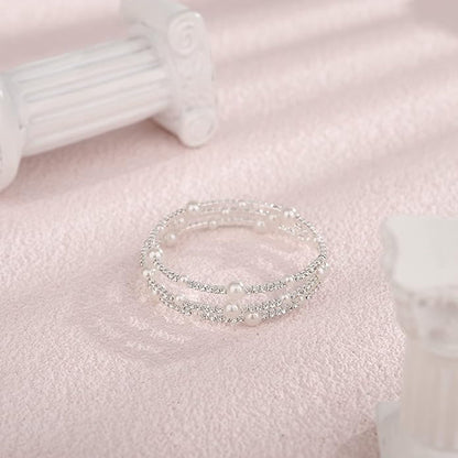 Multi Layered Stretch Wrap Silver Bracelets with Rhinestone