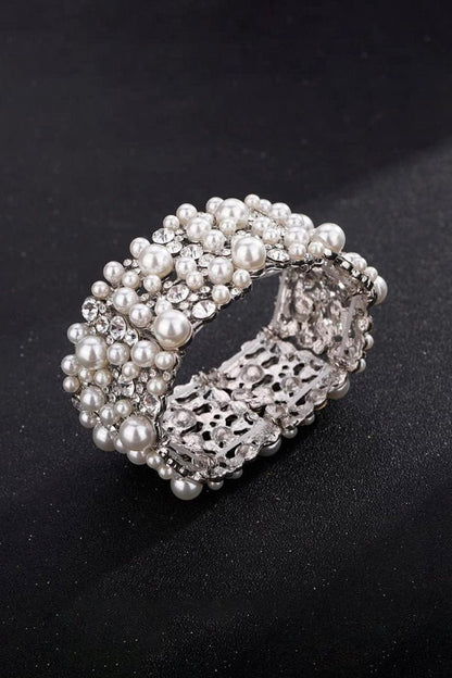 Silver Pearl Stretch Bracelets with Rhinestone