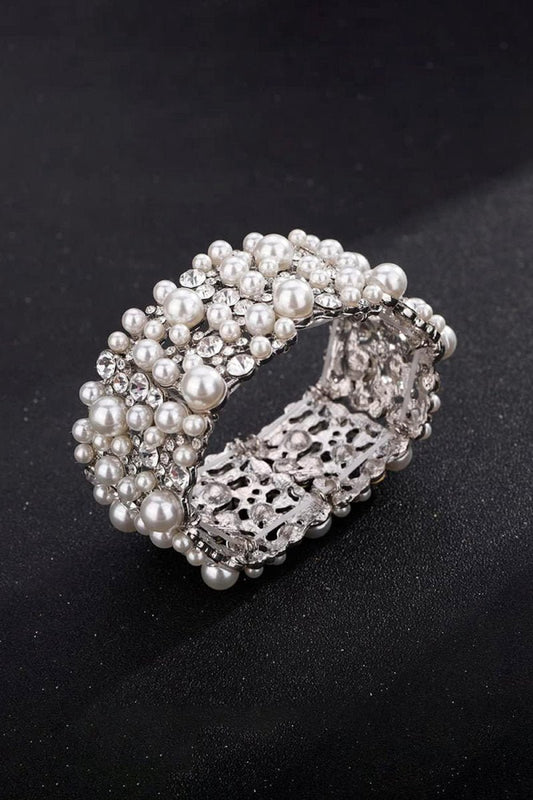 Silver Pearl Stretch Bracelets with Rhinestone