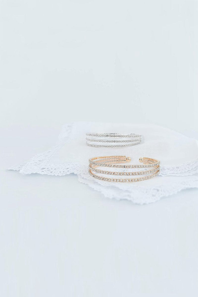 Silver Three Row Rhinestone Open Bracelets