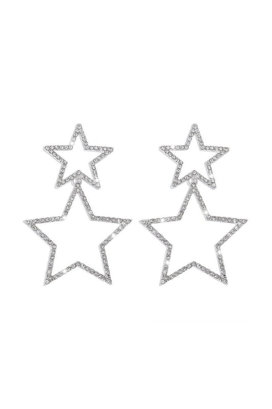 Silver Hollow Star Rhinestone Dangle Earrings