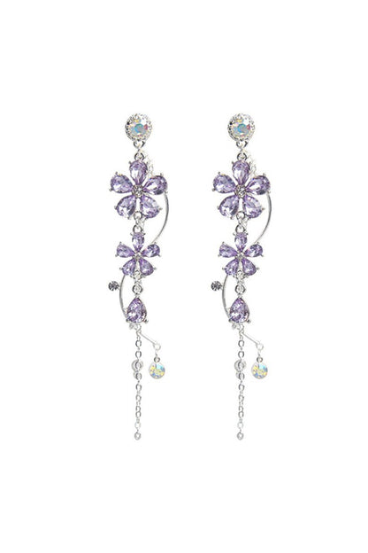 Silver Long Flower Earrings Purple Rhinestones
