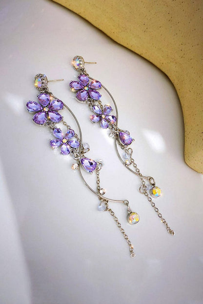 Silver Long Flower Earrings Purple Rhinestones