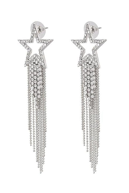 Silver Star Beaded Drop Tassel Earrings