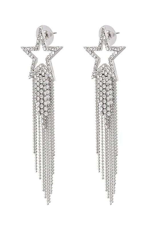Silver Star Beaded Drop Tassel Earrings
