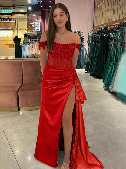 Off the Shoulder Satin Beaded Prom Dresses with Appliques