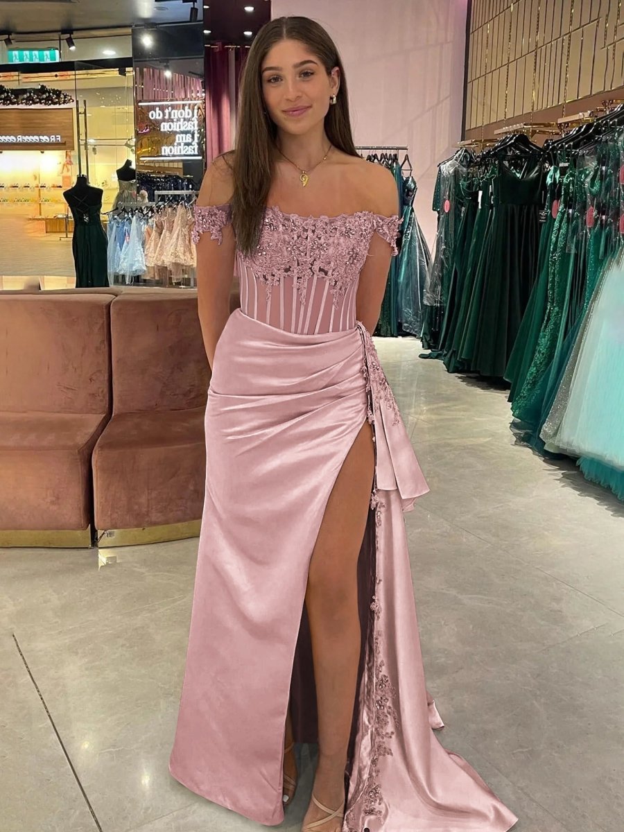 Off the Shoulder Satin Beaded Prom Dresses with Appliques