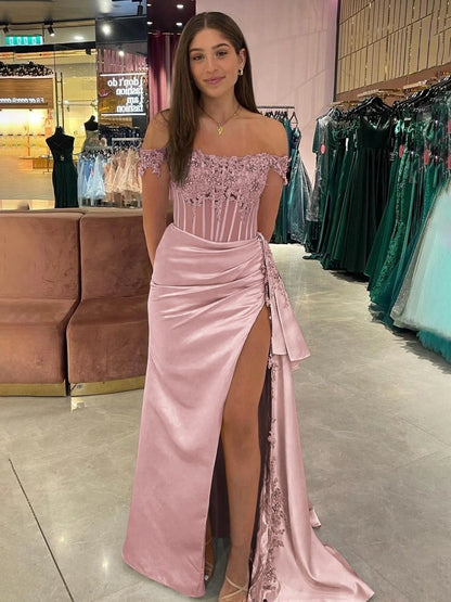 Off the Shoulder Satin Beaded Prom Dresses with Appliques