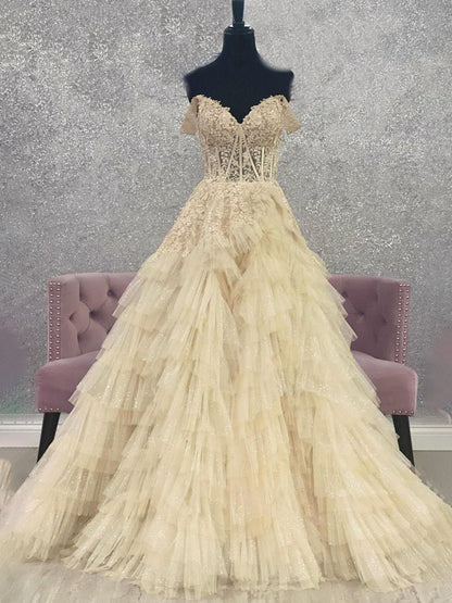 Off the Shoulder Tulle Prom Dresses with Appliques