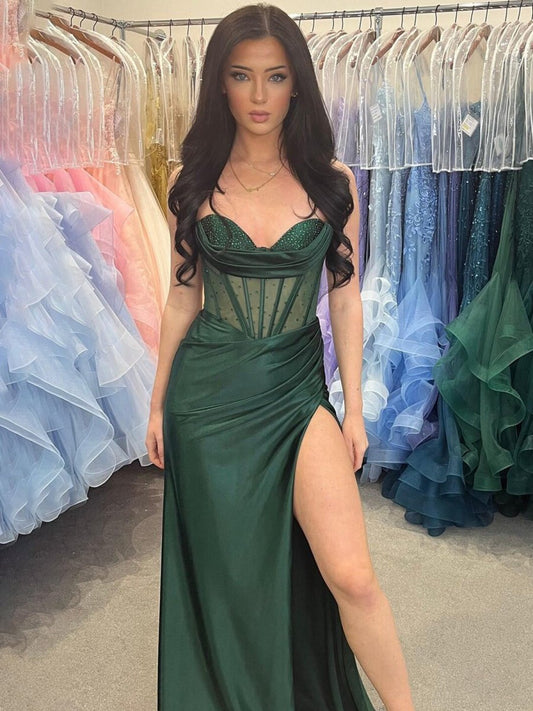 Sheer Corset Beaded Mermaid Long Formal Dresses