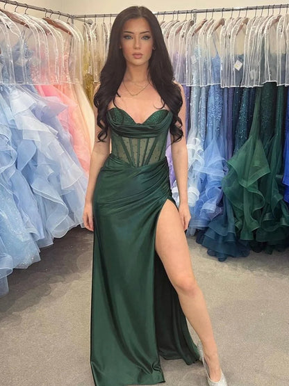 Sheer Corset Beaded Mermaid Long Formal Dresses