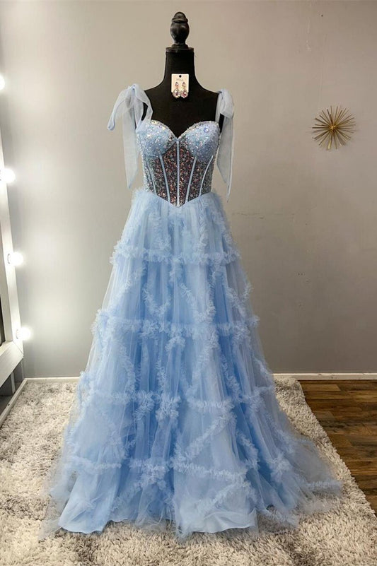 Spaghetti Straps Sequins Tulle A-line Prom Dresses