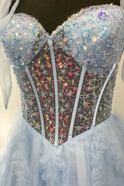 Spaghetti Straps Sequins Tulle A-line Prom Dresses