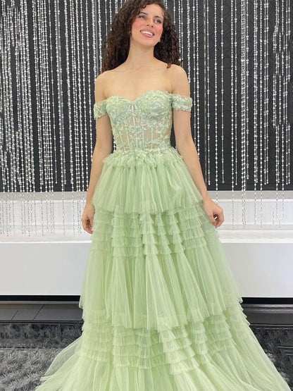 Off the Shoulder Tulle Prom Dresses with Appliques