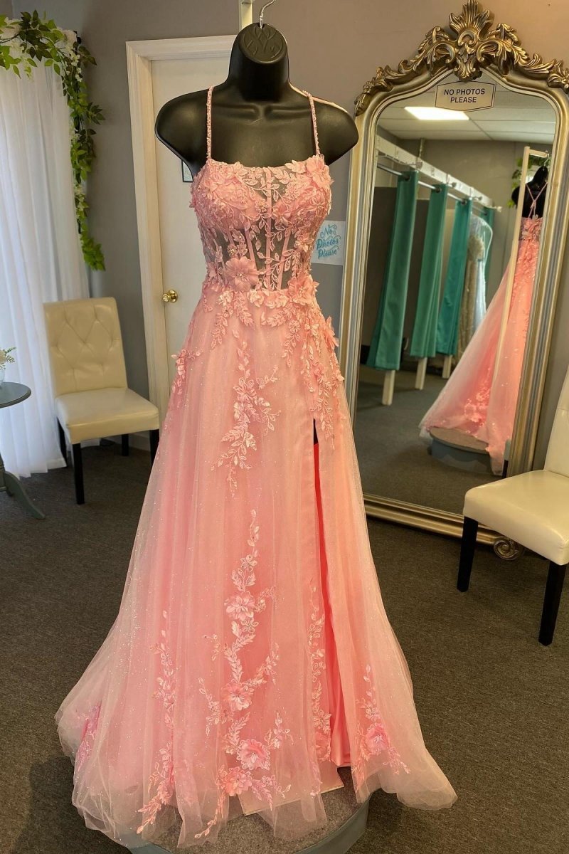 Coral Spaghetti-Straps A-line Tulle Prom Dresses with Appliques