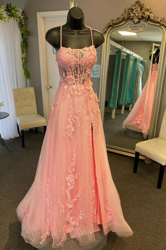 Coral Spaghetti-Straps A-line Tulle Prom Dresses with Appliques