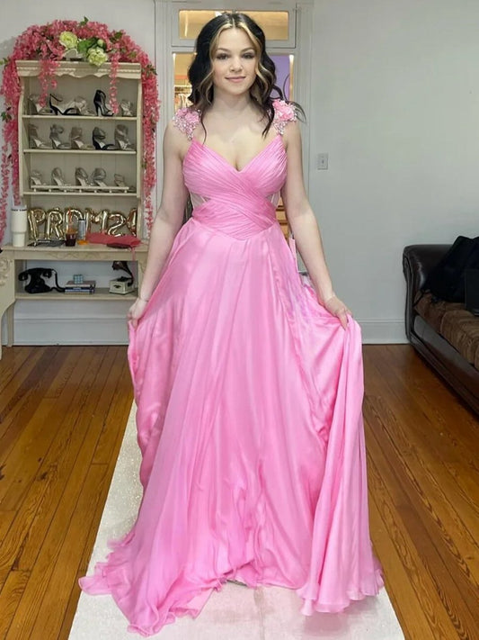 Pleated Chiffon A-line Long Prom Dresses