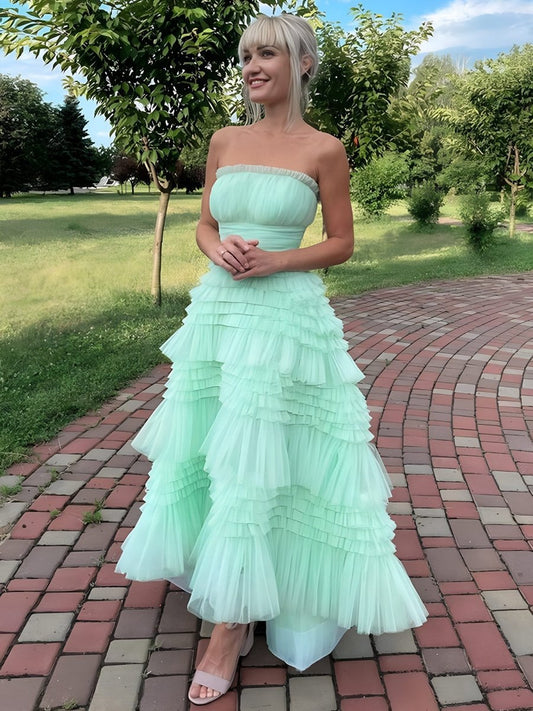 Mint Strapless Tulle Tie Ruffles High-low Prom Dresses