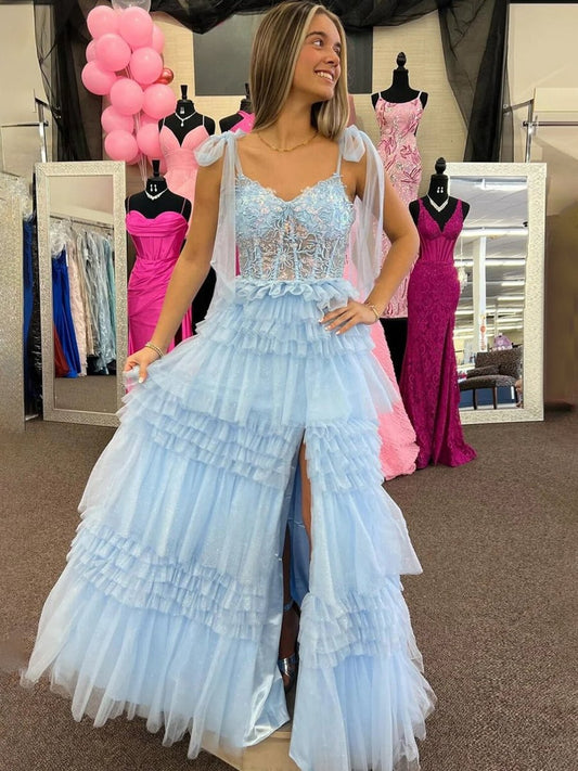 Sequines A-line Tulle Prom Dresses with Appliques