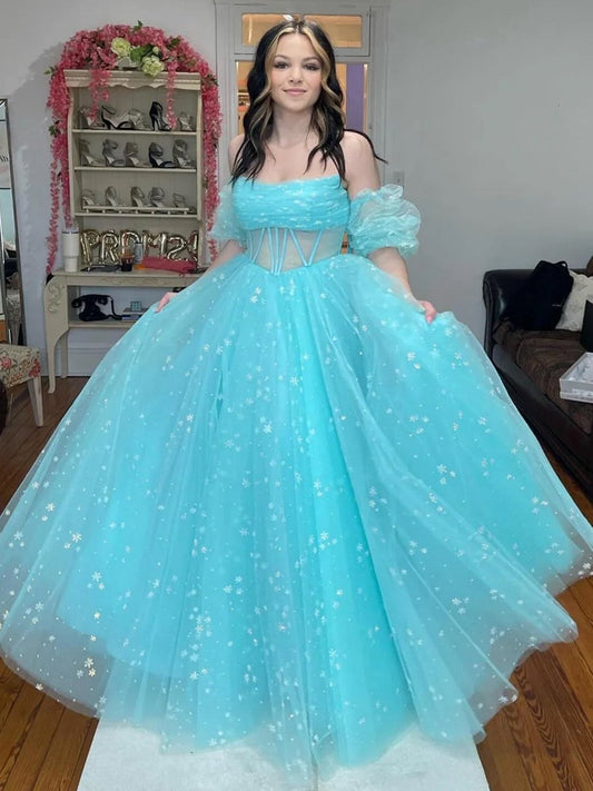 Strapless A-line Tulle Starry Long Prom Dresses