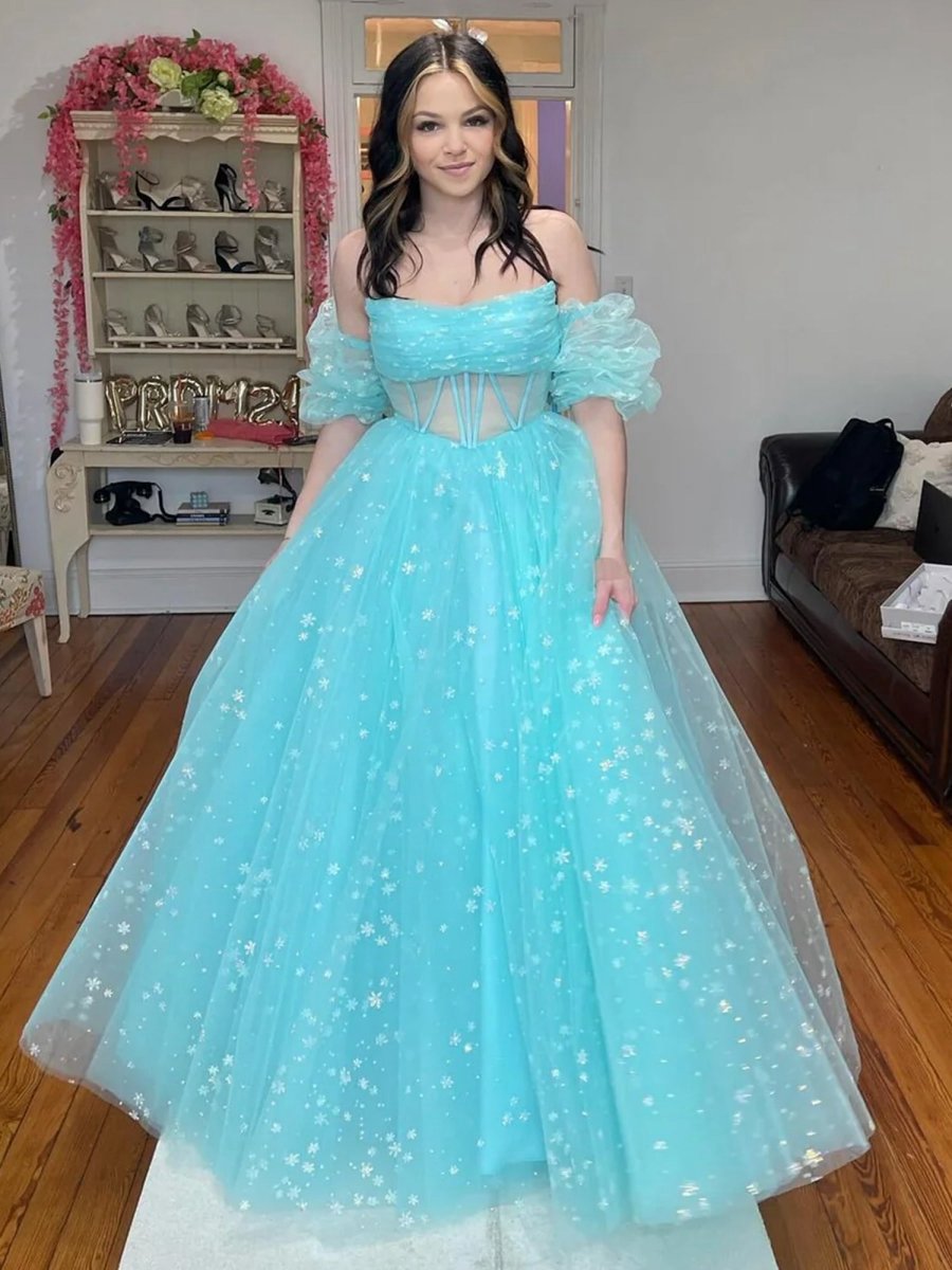 Strapless A-line Tulle Starry Long Prom Dresses
