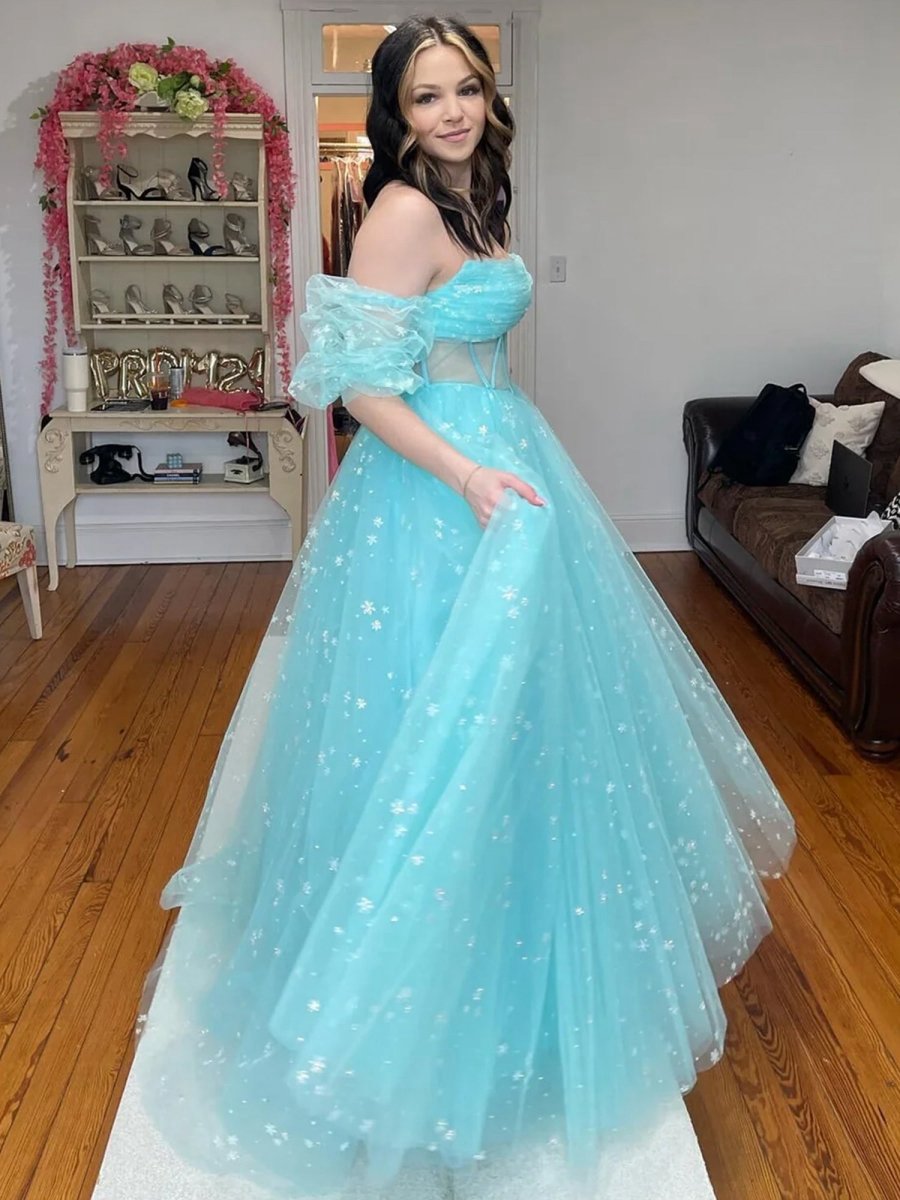 Strapless A-line Tulle Starry Long Prom Dresses