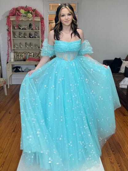 Strapless A-line Tulle Starry Long Prom Dresses