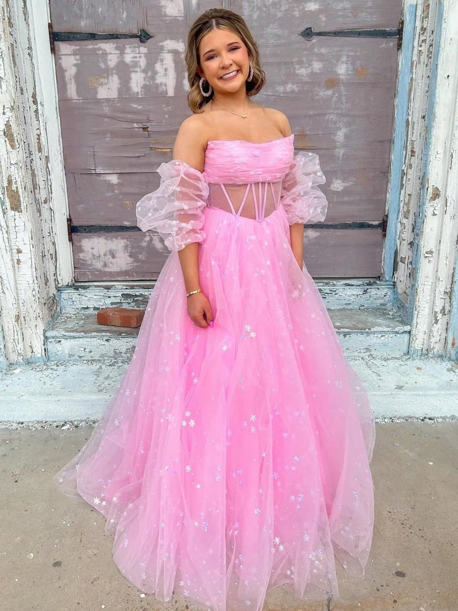 Strapless A-line Tulle Starry Long Prom Dresses