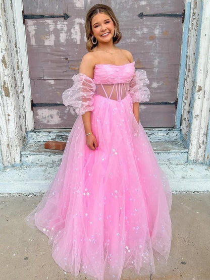 Strapless A-line Tulle Starry Long Prom Dresses