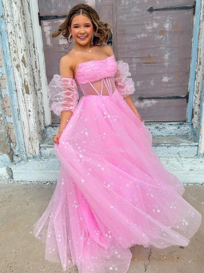 Strapless A-line Tulle Starry Long Prom Dresses
