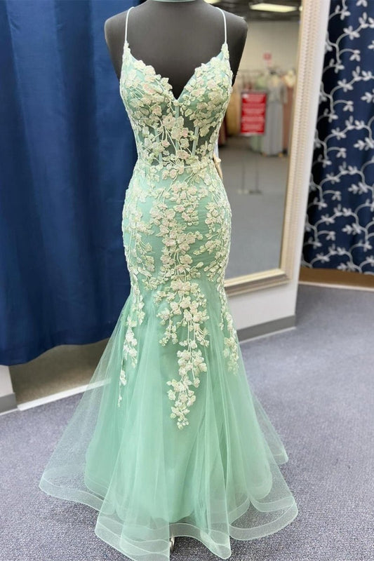 Sage Spaghetti Straps Mermaid Prom Dresses with Appliques