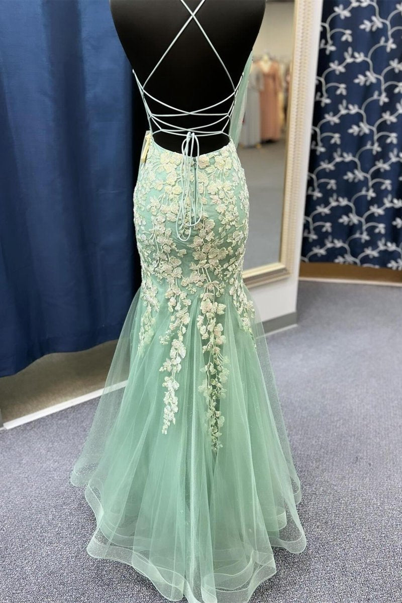 Sage Spaghetti Straps Mermaid Prom Dresses with Appliques