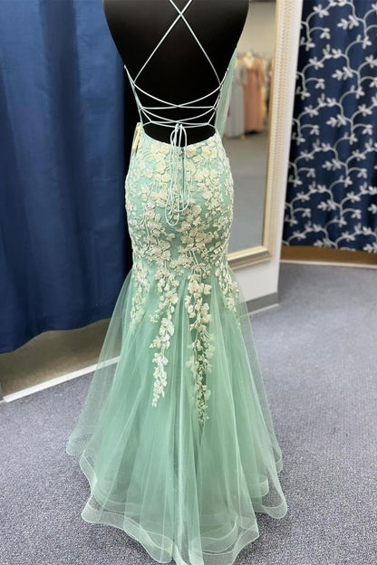 Sage Spaghetti Straps Mermaid Prom Dresses with Appliques