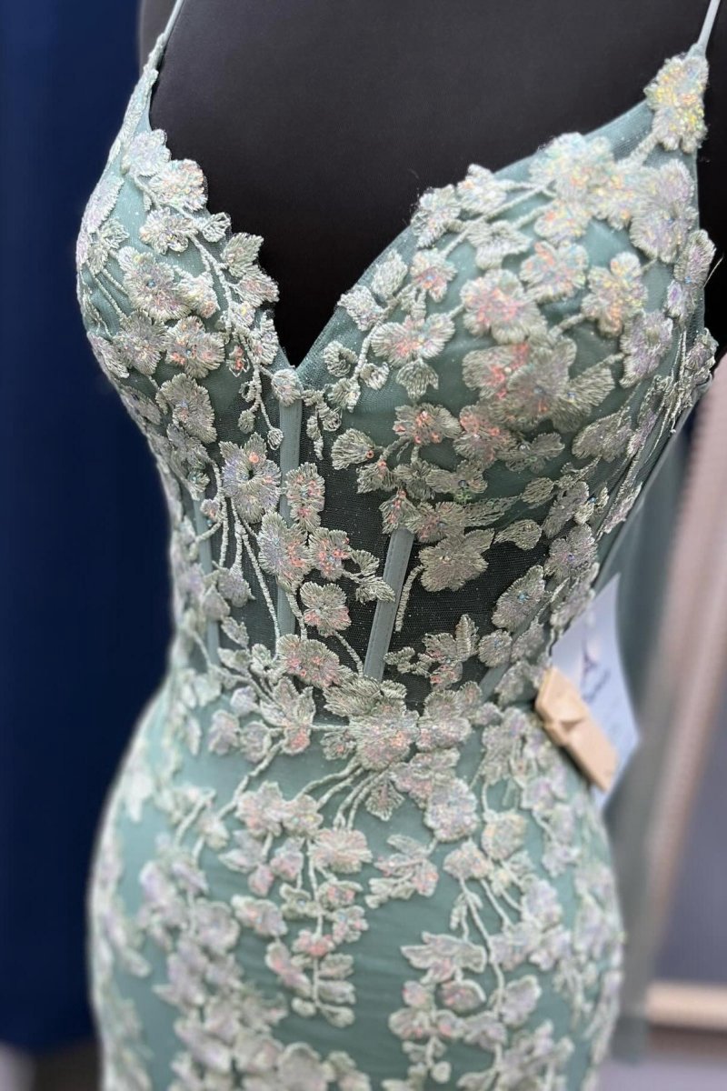 Sage Spaghetti Straps Mermaid Prom Dresses with Appliques