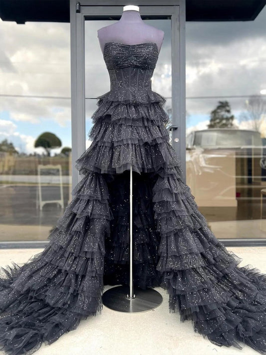 Strapless High Low Ruffles Tulle Prom Dresses