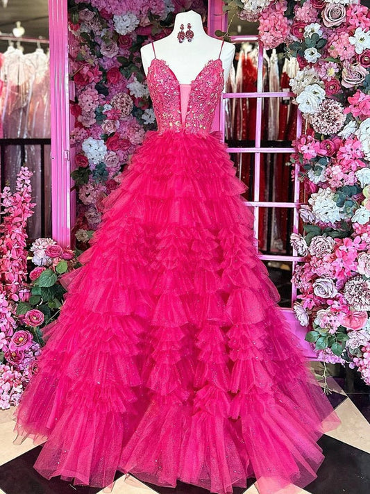 Lace Applique Tie Ruffles Tulle Long Prom Dresses