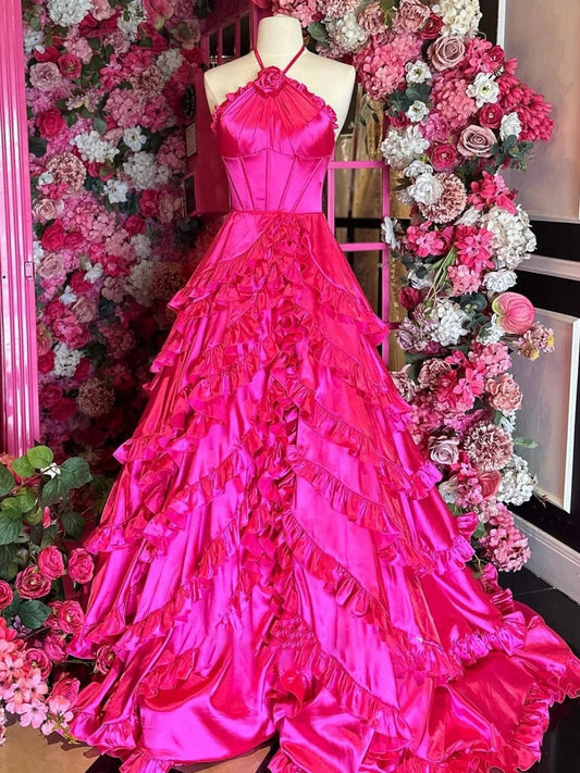 Halter Neck Tie Ruffles Long Prom Dresses