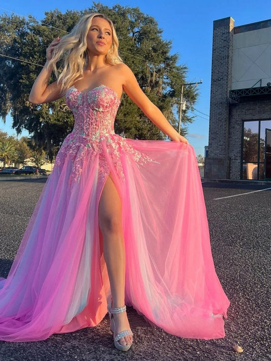 A-line Sweetheart Applique Lace Long Prom Dresses with Slit
