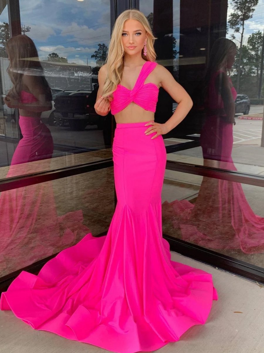 Two Piece One Shoulder Satin Mermaid Prom Dresses