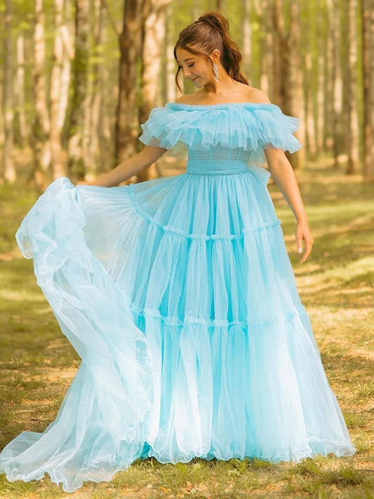 Ruffles Off the Shoulder Corset A-line Long Formal Dresses